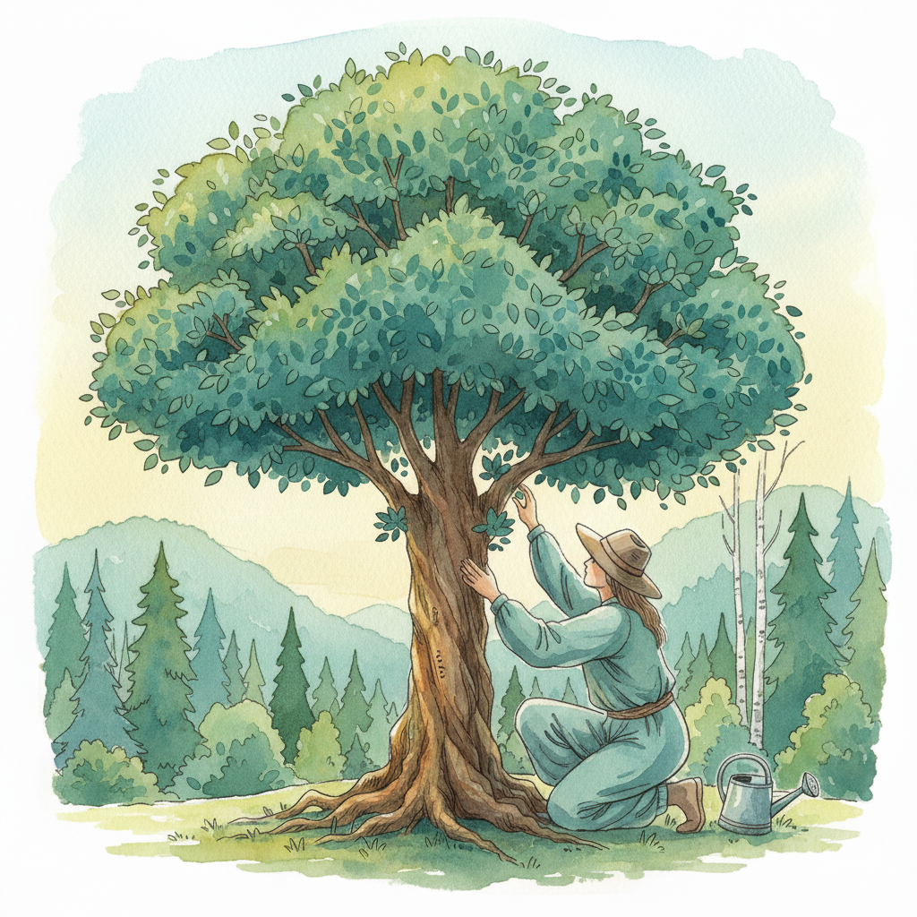 Person som vårdar ett växande träd